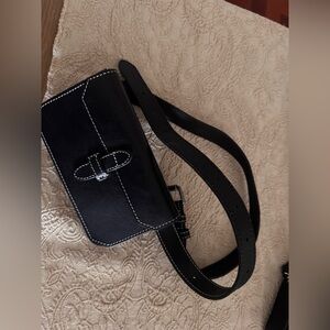 Banana Republic Black Leather Crossbody Belt Bag with White Stitching